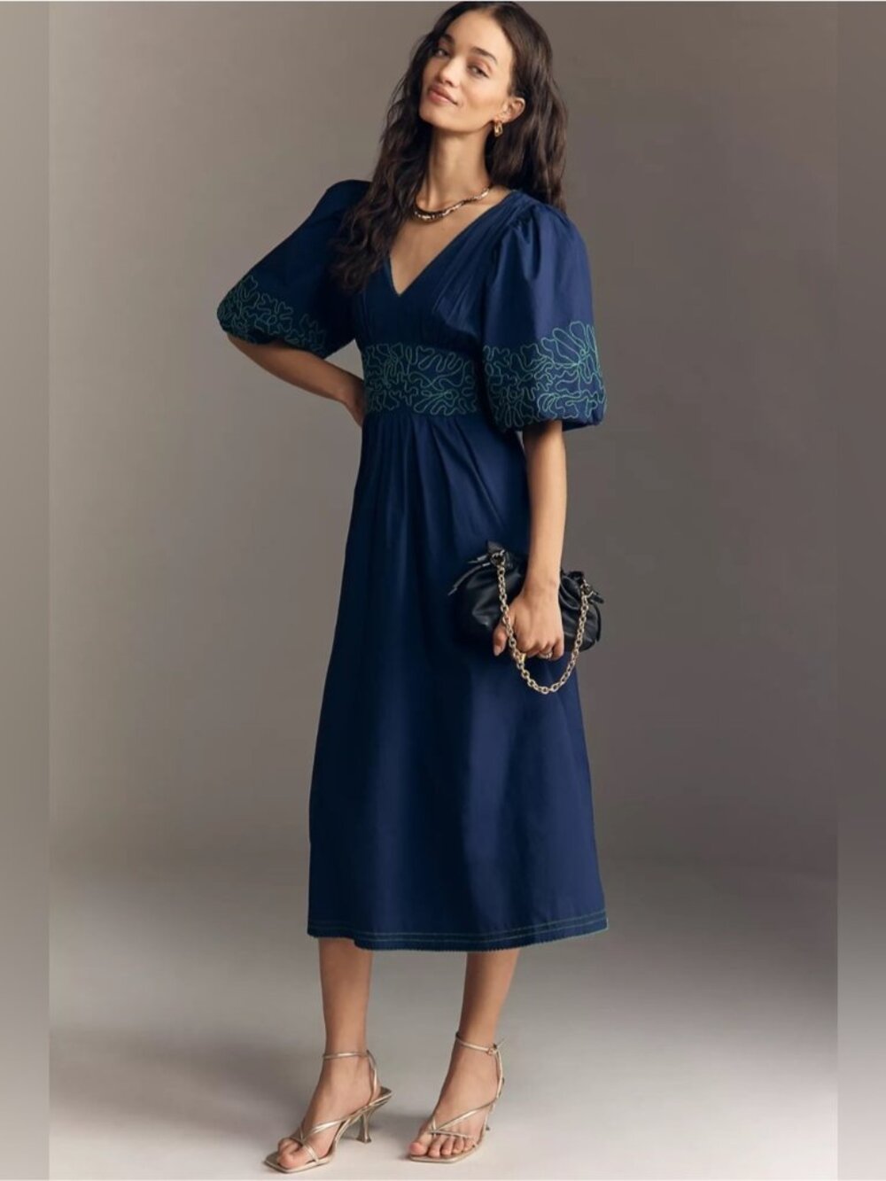 Anthropologie Size XS Navy Puff-Sleeve Midi Dress